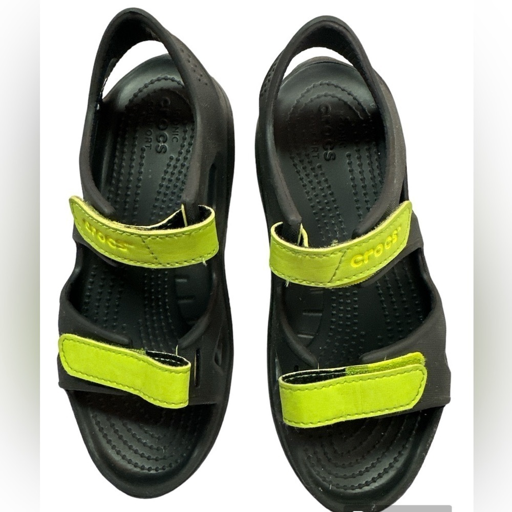 Crocs Black w/Neon Green Straps Sandals Size 2 EUC